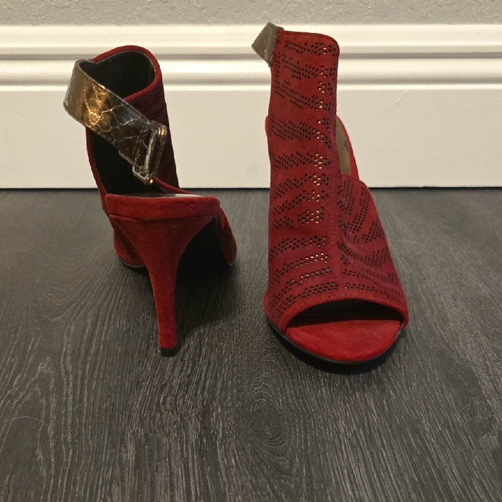 Carlos by Carlos Santana Red Suede Peep-Toe Heels with Gold Ankle Strap